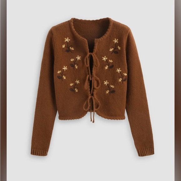 Cider Brown Floral Embroidery Women's Sweater - Picture 4 of 10